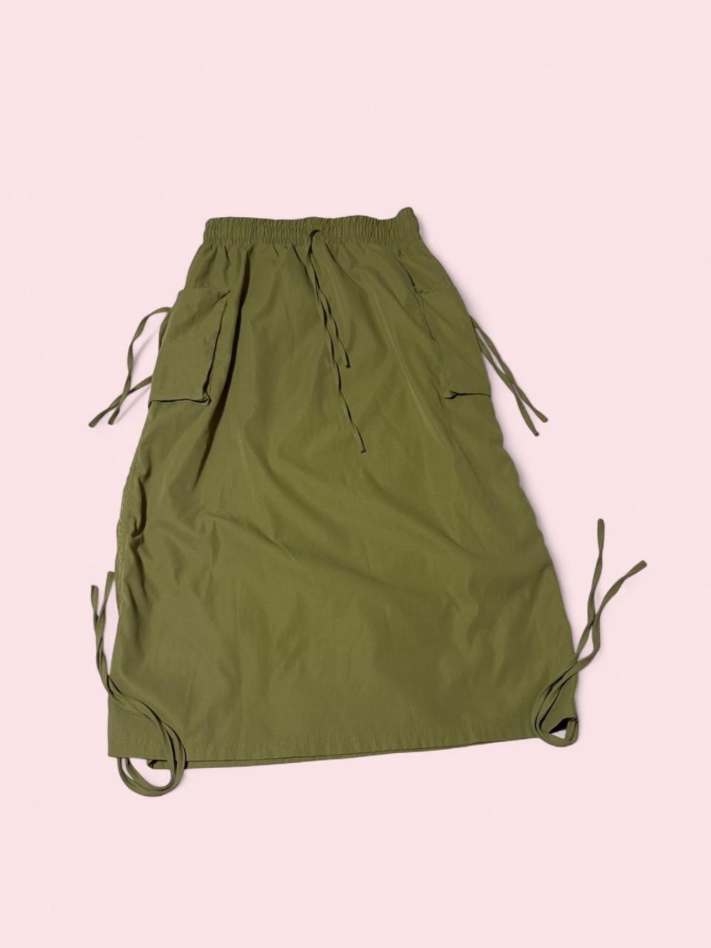 Olive Green Drawstring Midi Skirt with Utility Pockets
